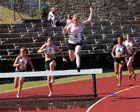 Lauren Stoddard (Edinburgh AC) on her way to winning the 2000 metres steeplechase in a League Record at the UK Women's National League, Premier, Meadowbank, Edinburgh.